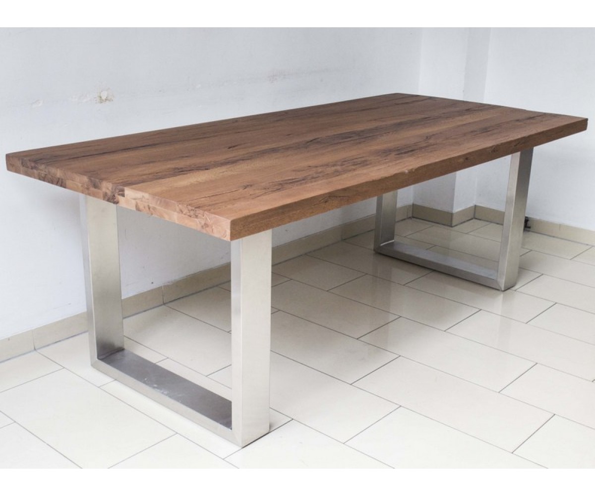 Esstisch Eiche massiv, Tisch Gestell Metall silber, Maße 220 x 100 cm