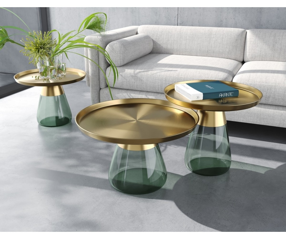 Couchtisch rund Gold, runder Beistelltisch Gold, Glas Couchtisch Gold, Maße 60x52 cm