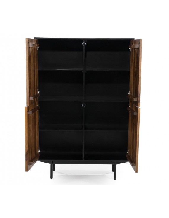 Schrank Regal, Höhe 150 cm, Mangoholz/ braun, schwarz 4 Türen