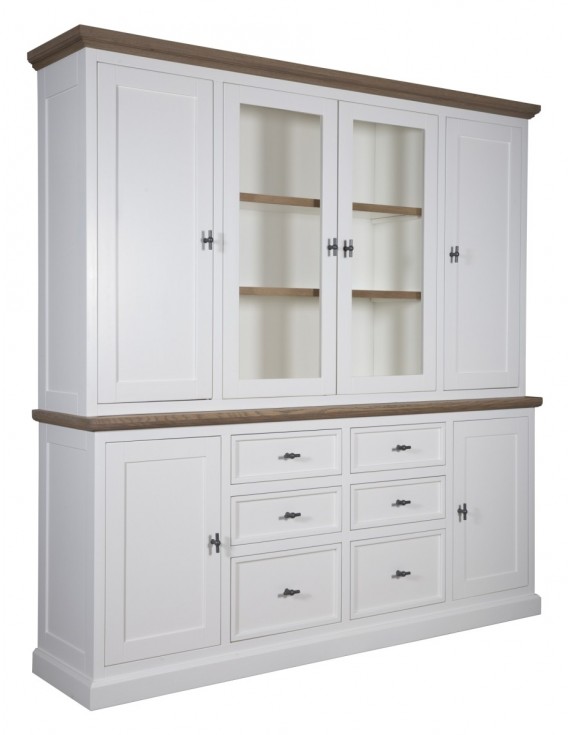 Geschirrschrank mit Eiche, Buffetschrank mit Eiche, Vitrine, Schrank mit Eiche Landhausstil, Breite 217cm