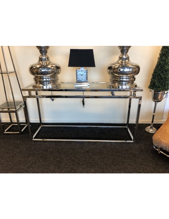 Konsole verchromt Glas-Metall, Sideboard mit Glasplatte, Wandtisch verchromt Glas, Breite 150 cm