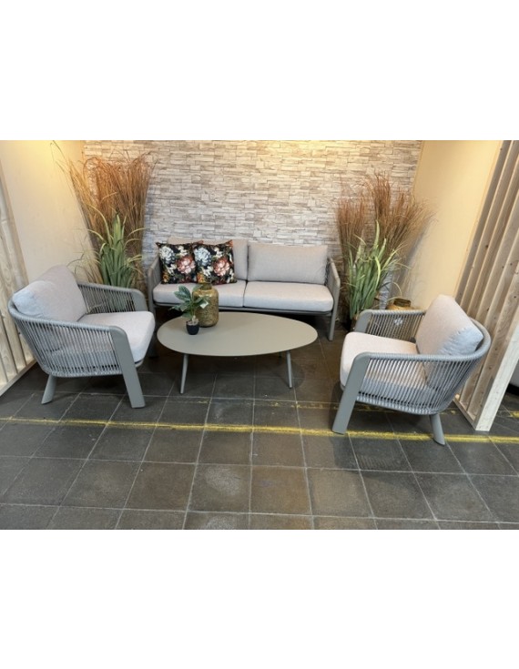 Set 4 teiliges Loungsofa taupe-Sand grau, Gartensofa grau, Gartensessel taupe-Sand, Gartentisch grau Aluminium, Loungeset grau