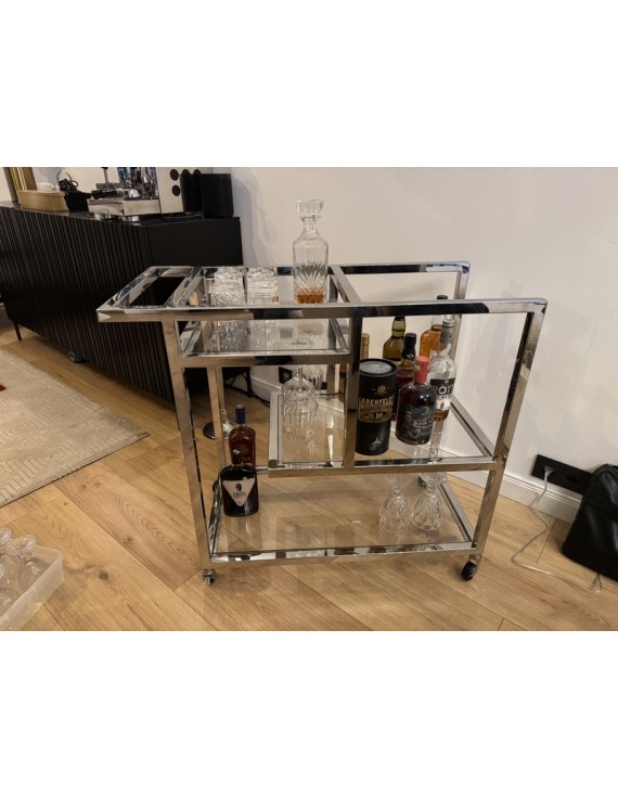 Servierwagen Glas Metall, Serviertisch Silber-Glas, Trolley Silber