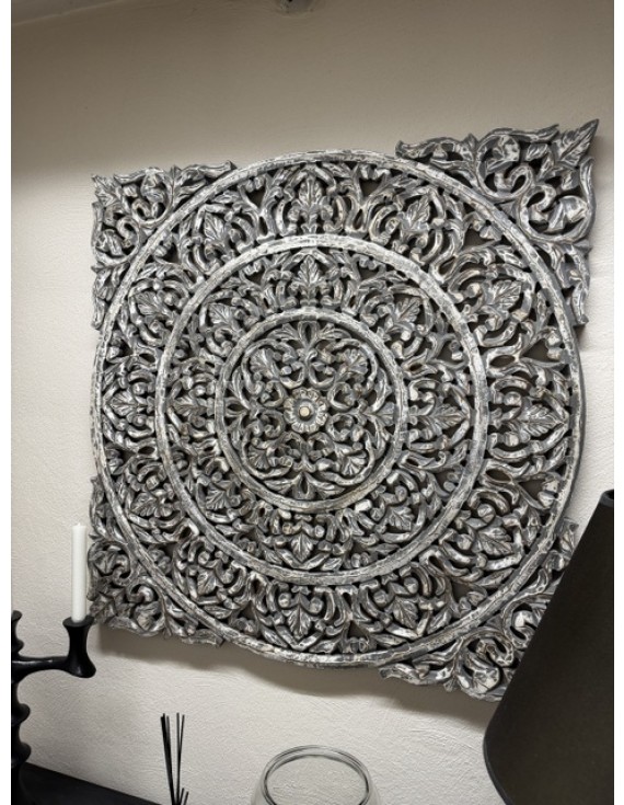 Ornament grau Holz, Wandpaneel grau, Wandbild Holz handgeschnitzt,  Maße 120x120 cm