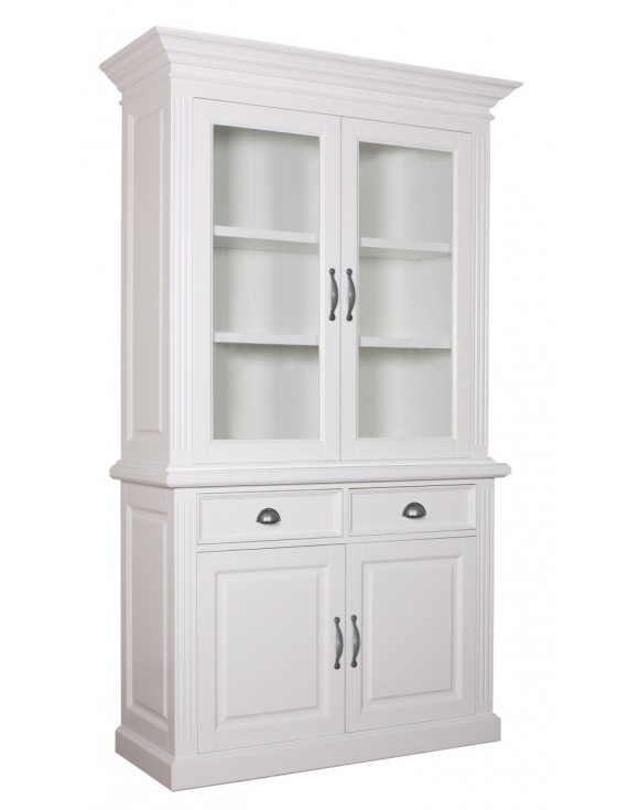 Geschirrschrank weiß mit Kiefer, Vitrine weiß, Kommode weiß, Wohnzimmerschrank weiß Landhausstil, Breite 130cm
