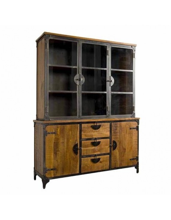 Vitrine Mango-Massivholz, Vitrine Naturholz/Schwarz, 160 cm