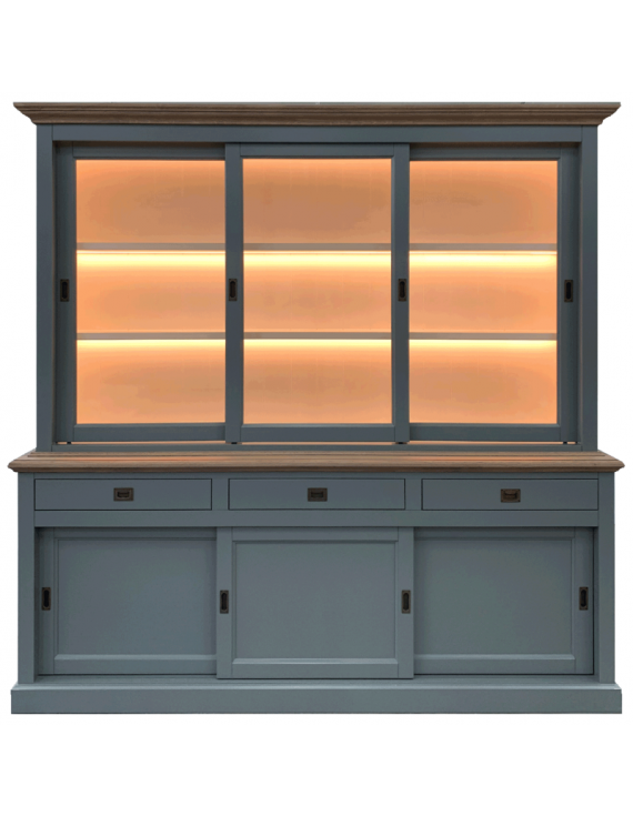 Geschirrschrank mit LED Beleuchtung Landhaus, Buffetschrank grau mit LED Beleuchtung,  Wohnzimmerschrank Landhaus, Breite 230 cm