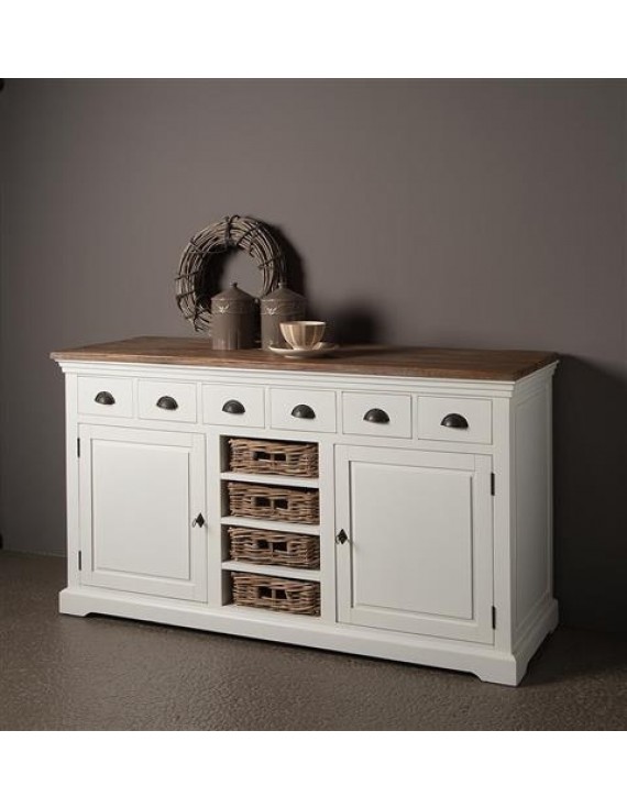 Anrichte weiß Landhausstil, Sideboard weiß mit Rattankörbe Landhaus, Breite 161 cm