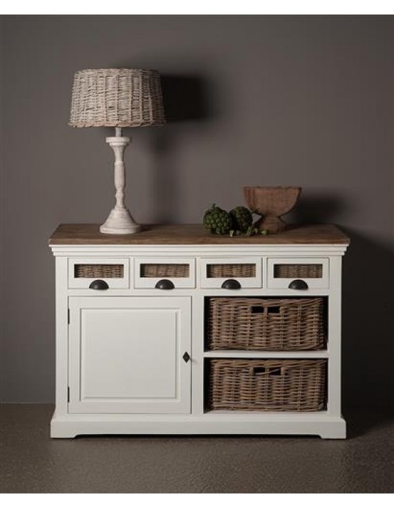 Anrichte weiß Landhausstil, Sideboard weiß mit Rattankörbe Landhaus, Breite 125 cm