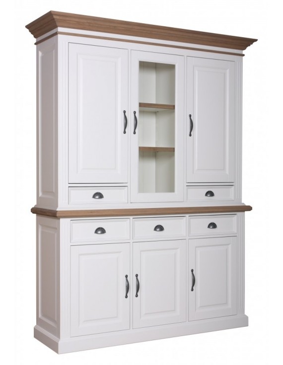 Geschirrschrank weiß mit Eiche, Vitrine weiß, Schrank weiß, Wohnzimmerschrank weiß Landhausstil, Breite 167cm