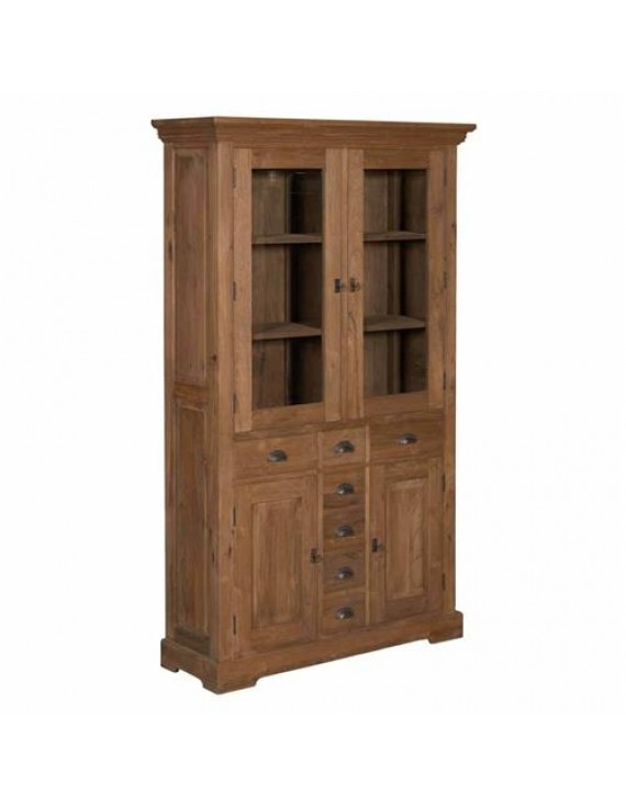 Geschirrschrank Holz, Vitrine Teak-Massivholz, Vitrine braun Holz, Breite 115 cm