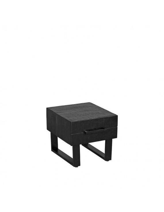 Couchtisch massiv Holz/Metall, Couchtisch schwarzes Mangoholz, Beistelltisch 44x50x41 cm, 2 Schubladen