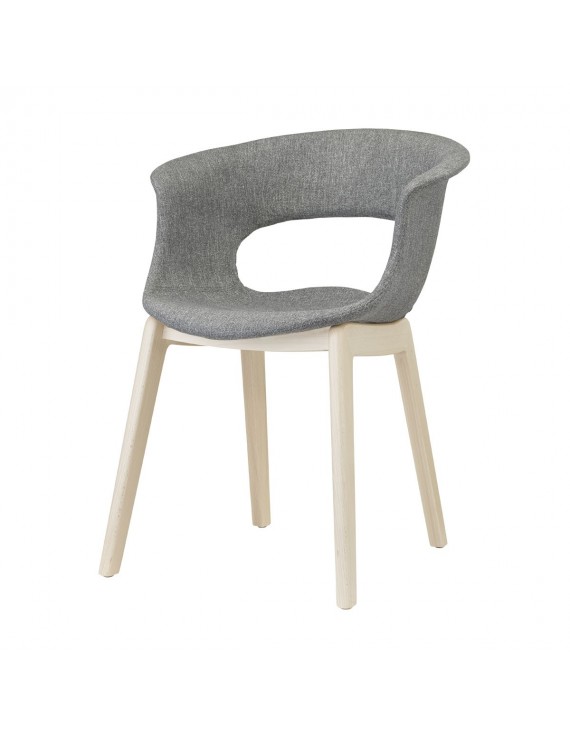 Design Stuhl in grau, aus Textil, massiv Holz, Natural, Kunststoff, mit Armlehne