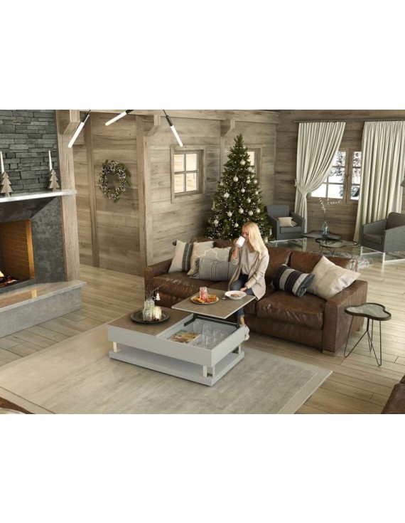 Couchtisch funktional, Beistelltisch mit Staufach, Couchtisch Keramik/ Grau, 120x70x38/62