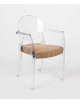 Design Stuhl transparent mit Armlehne und Sitzkissen