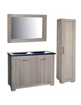 Badezimmer Set 4 teilig, Doppelwaschtisch mit Badezimmerschrank und Spiegel, Bad Möbel Set, Eiche massiv
