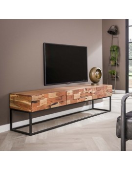 TV-Möbel sandgestrahltes Akazienholz, TV-Board mit 3 Schubladen braun mit Metallrahmen, massiv Akazienholz, Breite 180 cm