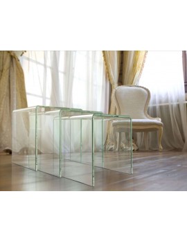 Glas Couchtisch-Set 3 Tische, randloser Glas Beistelltisch, Couchtisch ultra klarglas, Durchmesser 34/38/42 cm