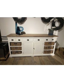Anrichte weiß Landhausstil, Sideboard weiß mit Rattankörbe Landhaus, Breite 196 cm