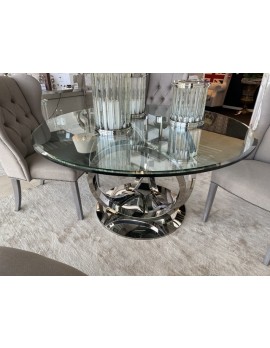 Glastisch rund Silber-Gestell, Esstisch rund Glas Tischplatte, runder Glastisch verchromt, Durchmesser 150 cm