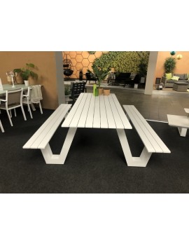 Gruppensitzbank weiß, Sitzgruppe Aluminium weiß, Picknick Sitzgruppe weiß, Gartentisch mit Bank weiß, Breite 220 cm