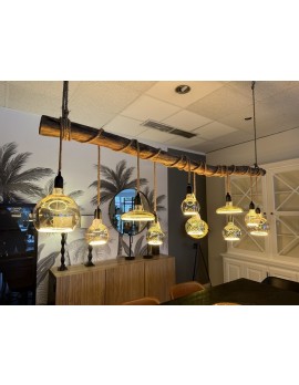 Altholz-Balke Hängelampe mit 10 LED Leuchten, Naturholz-Balke inklusive Glühbirnen,  Pendelleuchte Holzbalke mit LED Lampen, Breite 200 cm
