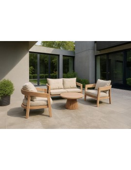 Garten-Sitzgarnitur Set, Gartenbank mit zwei Sessel und Gartentisch rund, Gartenlounge Teak Naturholz