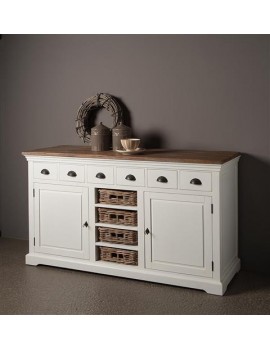 Anrichte weiß Landhausstil, Sideboard weiß mit Rattankörbe Landhaus, Breite 161 cm