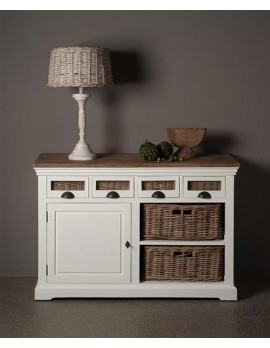Anrichte weiß Landhausstil, Sideboard weiß mit Rattankörbe Landhaus, Breite 125 cm