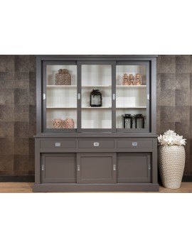 Vitrinenschrank grau, Geschirrschrank grau, Wohnzimmerschrank im Landhausstil, Breite 200 cm