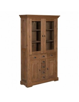 Geschirrschrank Holz, Vitrine Teak-Massivholz, Vitrine braun Holz, Breite 115 cm