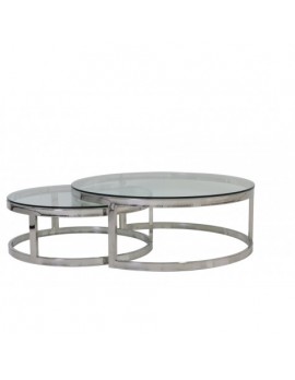 2er Set, Couchtisch rund Silber Glas-Metall, Tisch rund verchromt aus Metall und Glas, Durchmesser 100 - 79 cm