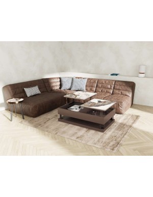 Couchtisch funktional, Beistelltisch mit Staufach, Couchtisch Keramik/ Marmoroptik/Braun, 120x70x38/62